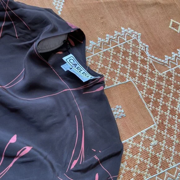 Vintage Carlisle 100% Silk Blouse – Abstract Floral Print | Brown & Rose | sz 6 - Picture 6 of 6